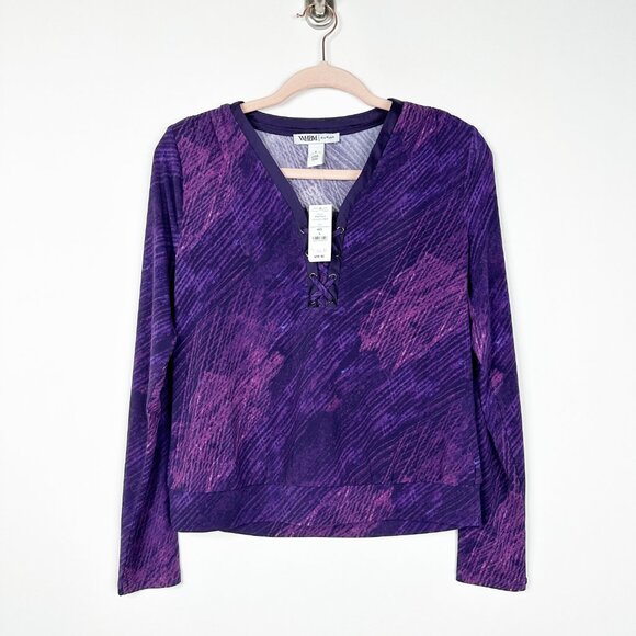 NWT White House Black Market Long Sleeve Lace Up Top Abstract Deep Amethy #WHBM7 - Picture 2 of 9